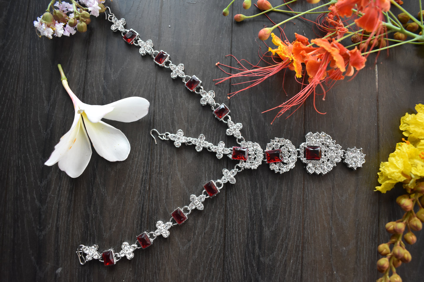 American Diamonds Bridal Set With Mangtika , Nath, Long Jhumka