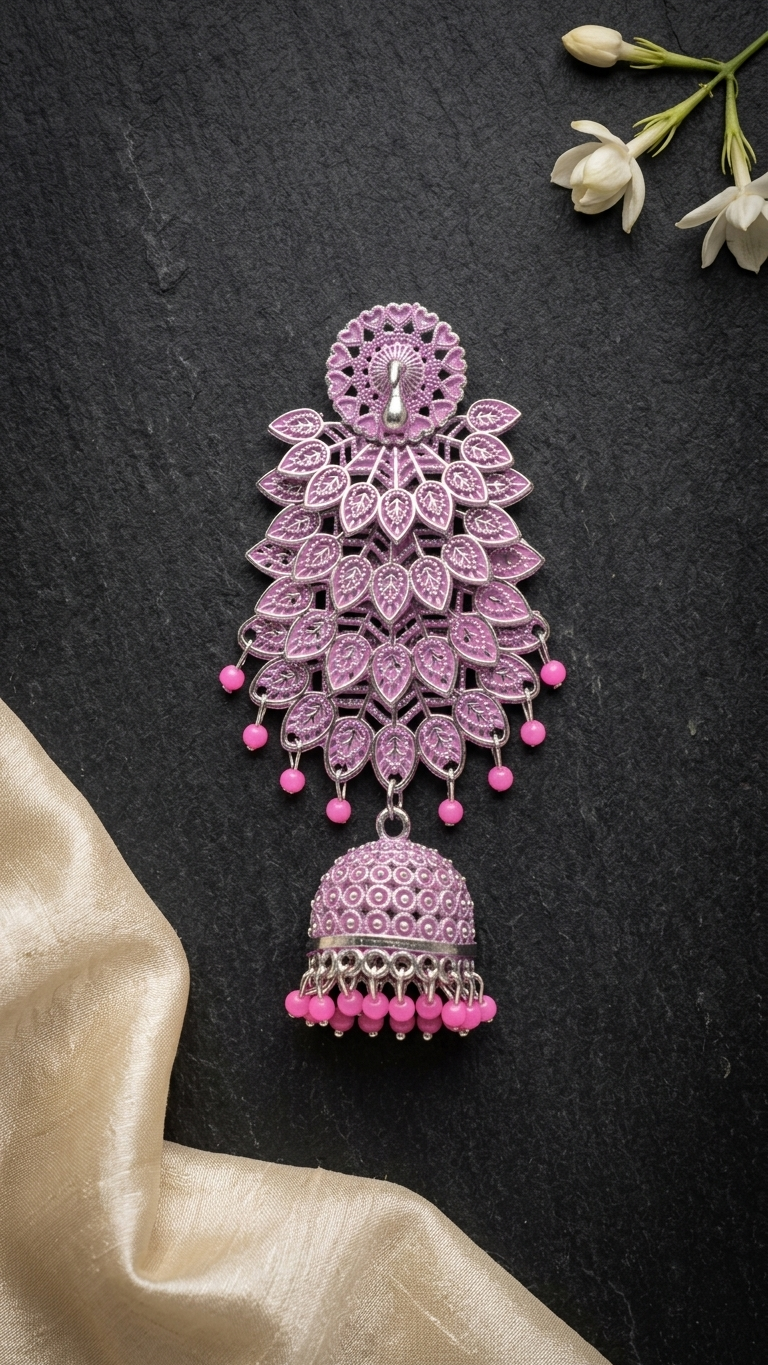 Beautiful Long Earrings in With Bunch of Beads Peacock on Top