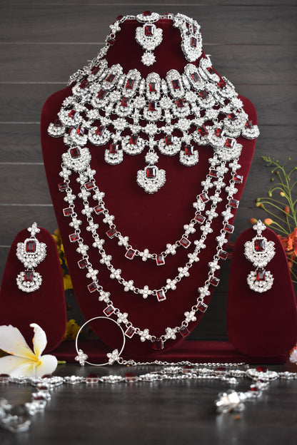 American Diamonds Bridal Set With Mangtika , Nath, Long Jhumka