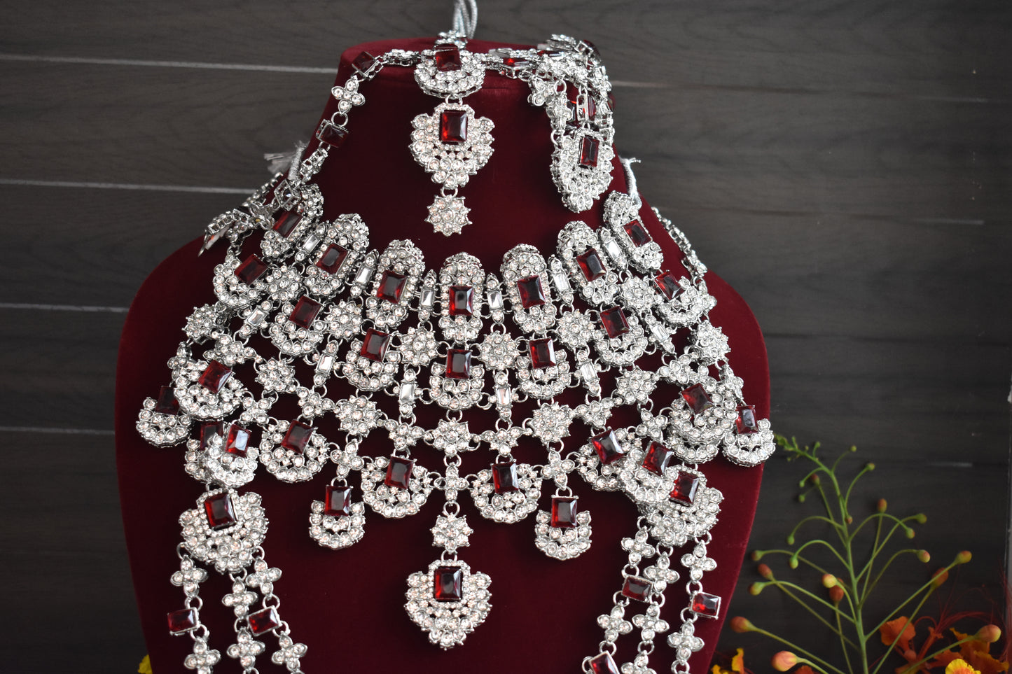 American Diamonds Bridal Set With Mangtika , Nath, Long Jhumka
