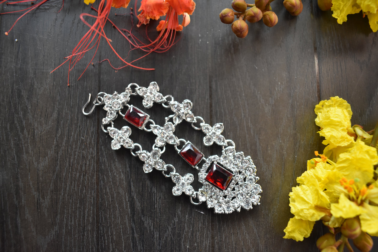 American Diamonds Bridal Set With Mangtika , Nath, Long Jhumka