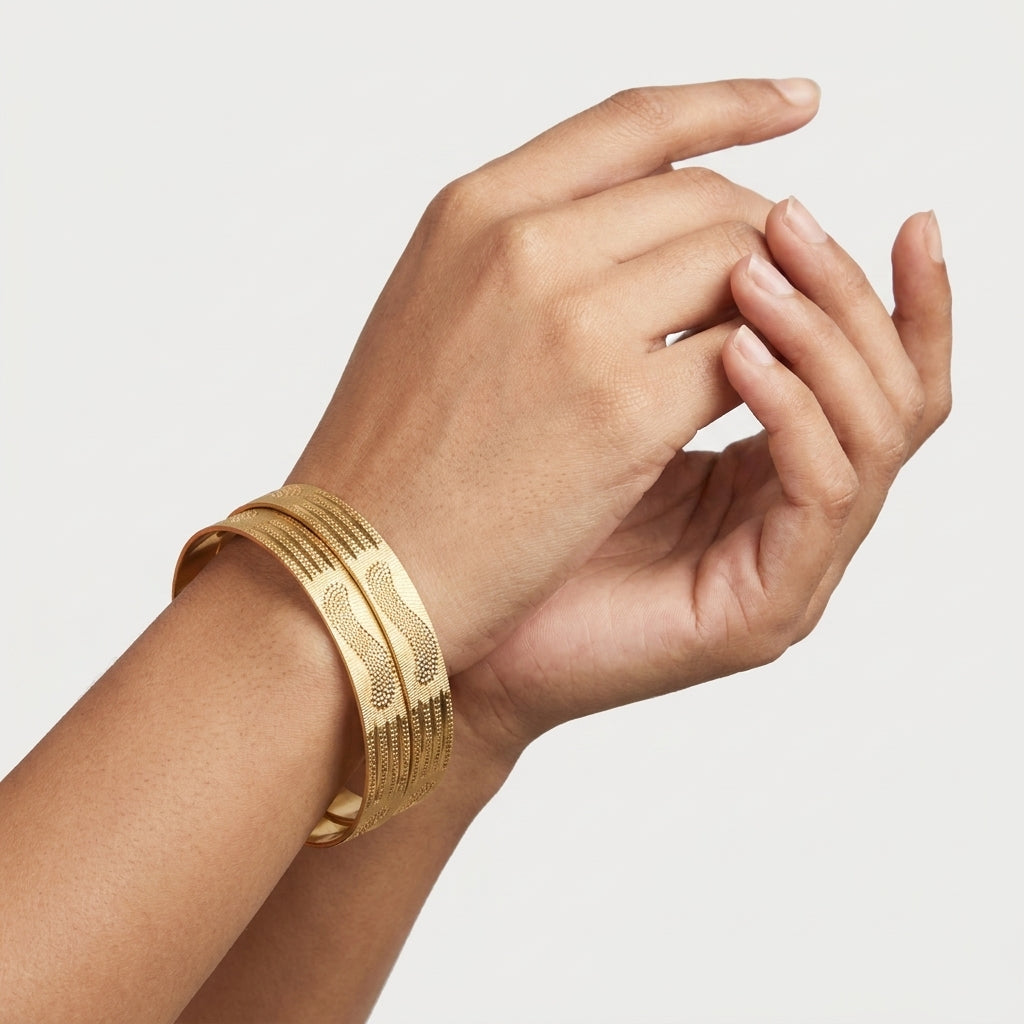 Textured Wave Gold-Tone Bangle Set with Protective Box for Women