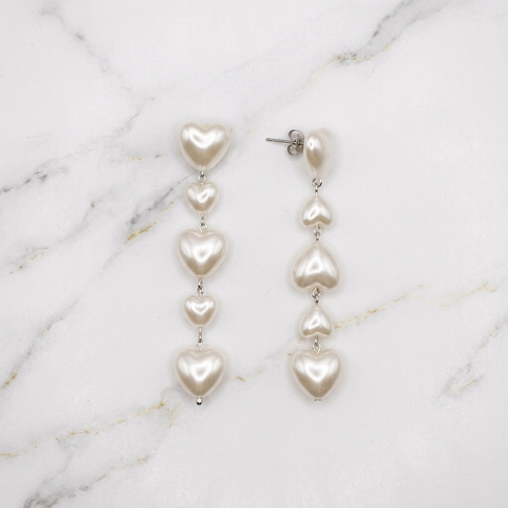 Cascading Faux Pearl Heart Drop Earrings for Women