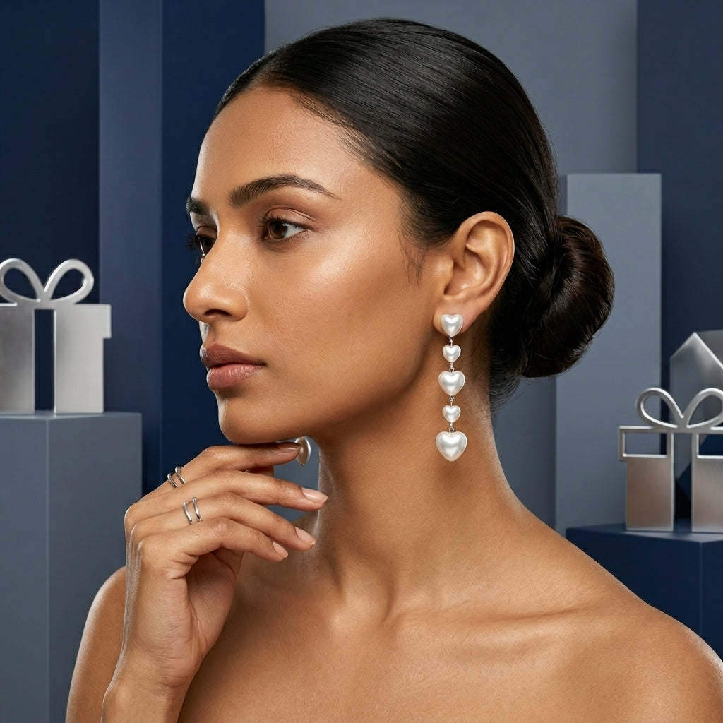 Cascading Faux Pearl Heart Drop Earrings for Women