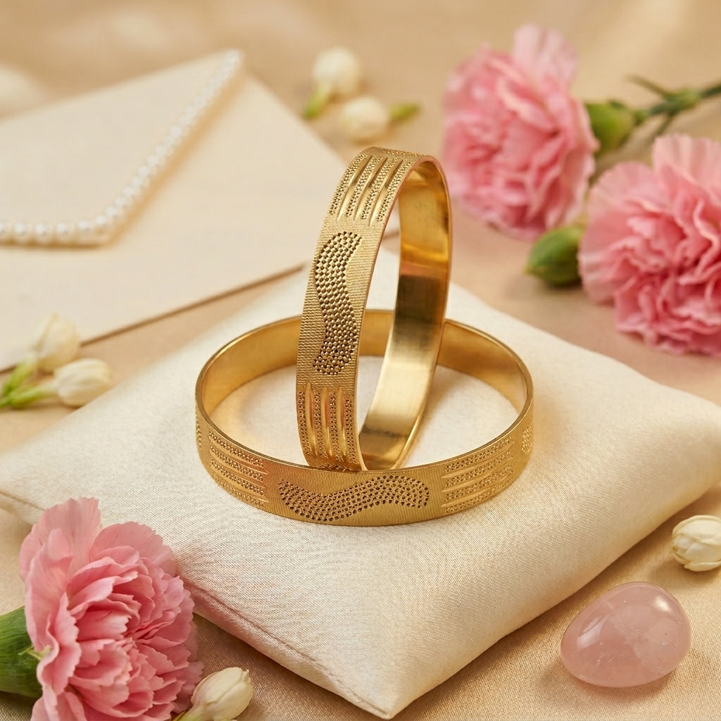 Textured Wave Gold-Tone Bangle Set with Protective Box for Women