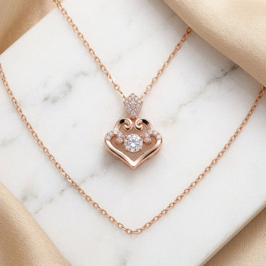 Heart Shaped With Rotating AD studded Pendant Rosegold Chain