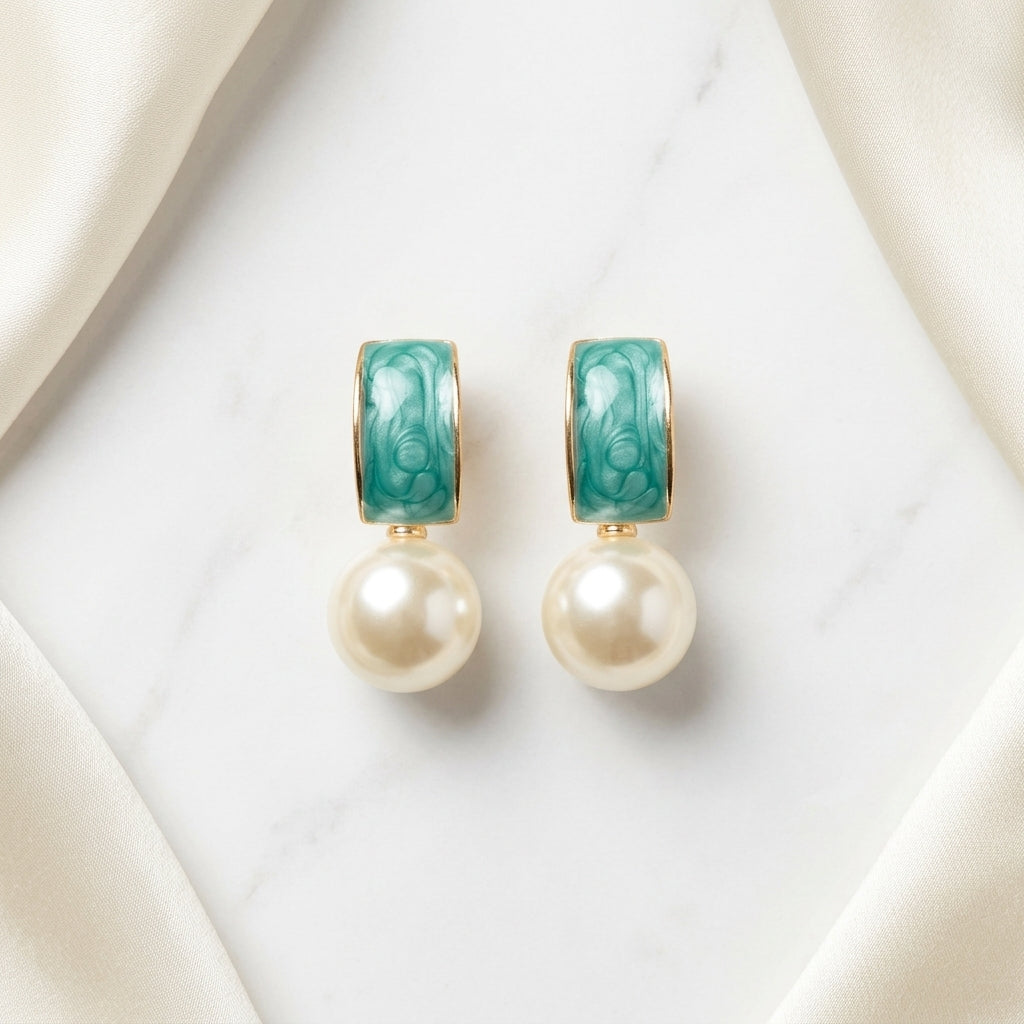 Pearl Drop Earrings in Black Enamel for Women