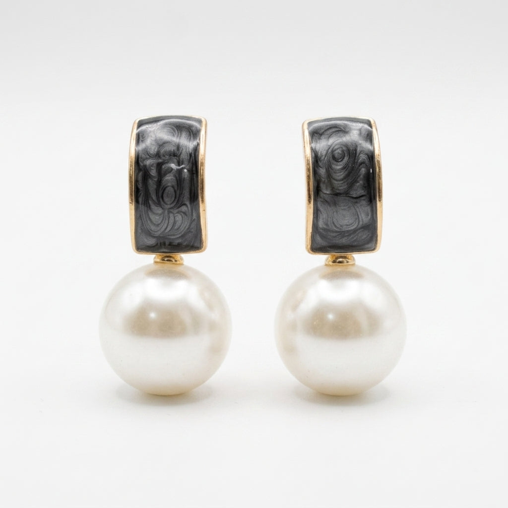 Pearl Drop Earrings in Black Enamel for Women