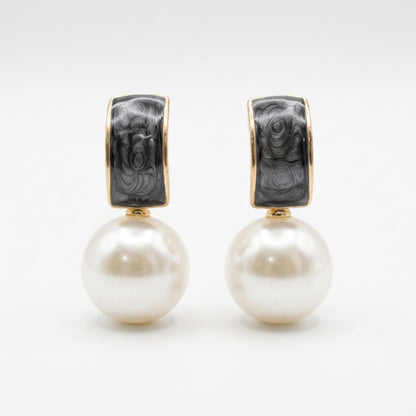 Pearl Drop Earrings in Black Enamel for Women