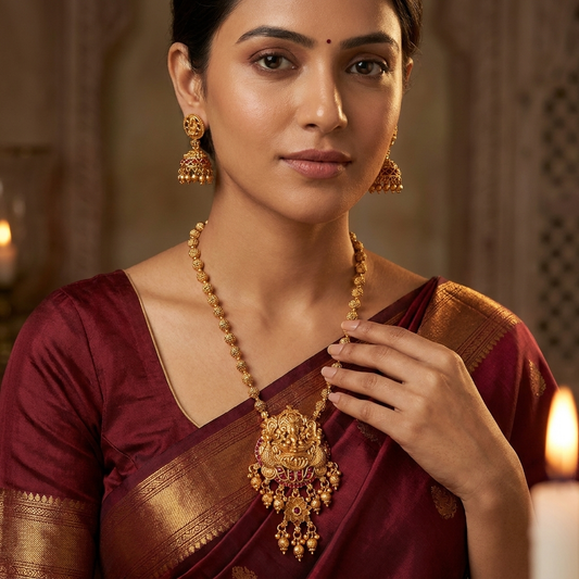 Grand Goddess Lakshmi Temple Pendant Gold Bead Chain Set with Matching Jhumkas