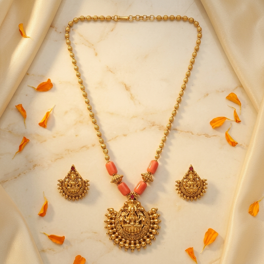 Traditional Goddess Lakshmi Coral Bead Temple Pendant Necklace Set
