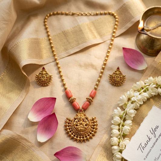 Traditional Goddess Lakshmi Coral Bead Temple Pendant Necklace Set