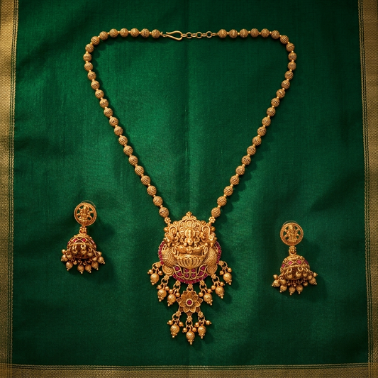 Grand Goddess Lakshmi Temple Pendant Gold Bead Chain Set with Matching Jhumkas